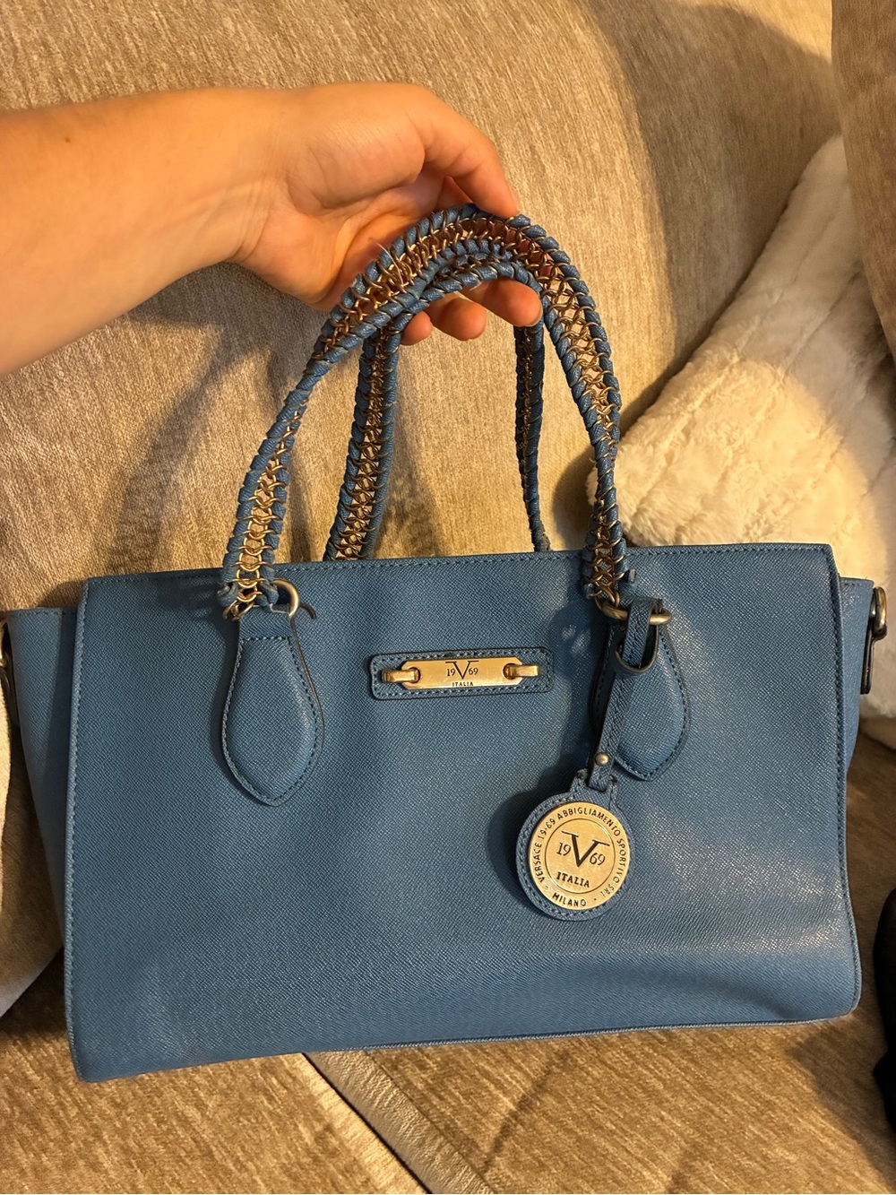 Blue Versace Leather Tote Bag
